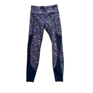 ATHLETA RAINIER Printed Mesh Tight, size small, purple print, zippered pockets